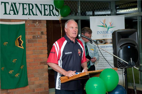 Rodney Hogg at podium Stan in bgrnd - Launch function